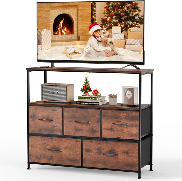 Nextay TV Stand for Bedroom, TV Dresser for 45 inches, Media Console Table, Entertainment Center with 5 Fabric Drawers Cabinet and Open Storage Shelf Furniture Cabinet for Living Room, Brown
