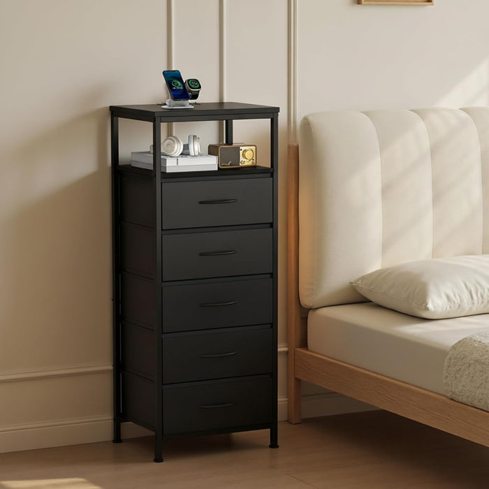 Blorly Smart Nightstand with LED Lights & Charging Station | Remote App Control Bedside Table | 2 AC Outlets, USB-C Port, 5 Drawer Storage | Modern End Table for Bedroom, Black