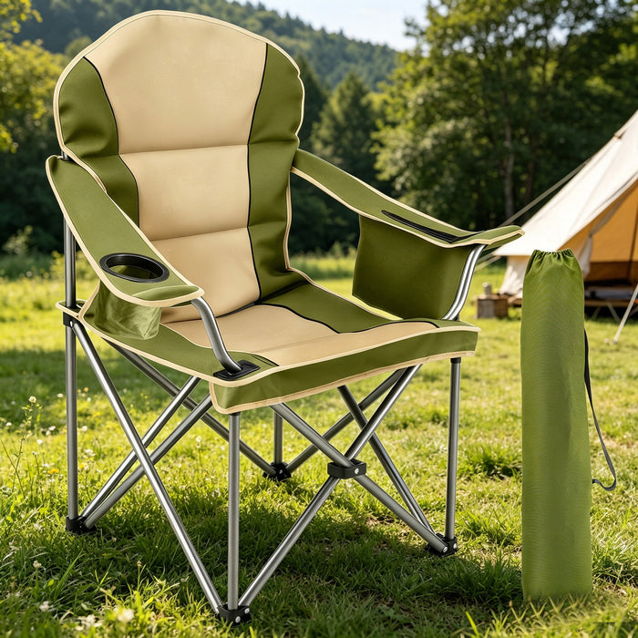 Simenmax Oversized Camping Chair, Heavy Duty Folding Chair with Cup Holder & Cooler Pouch for Fishing, Hiking, Picnic, Beach,GreenBeige
