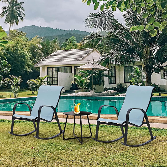 Blorly 3 PCS Patio Sets, Mesh Rocking Chairs with Table, for Porch Balcony, Poolside, Deck, Blue