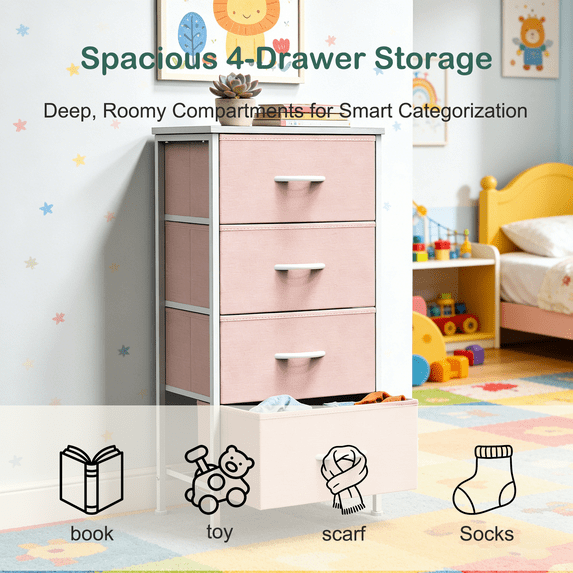 Aidoly Dresser, 4 Storage Drawers, Anti-Tip Fabric Closet Chests Organizer Tower Furniture with Wooden Top, Metal Frame
