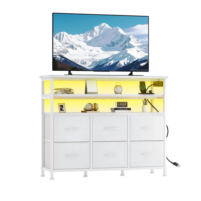 Taoset TV Stand with LED Lights & Power Outlet, 39" Entertainment Center with 2-Tier Open Storage Shelves, 6 Drawer Media Console Table for Living Room, Gaming Station for PS5/Xbox/Switch, White