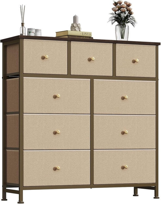 Simenmax 9 Drawers Dresser for Bedroom, Tall Fabric Closet Chests Organizer Tower Furniture with Wooden Top Metal Frame for Clothes, Room, Living Room, Hallway, Entryway,Khaki