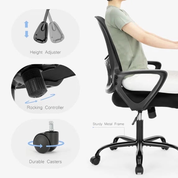 Ergonomic Mid-Back Mesh Office Chair with Lumbar Support, Swivel Rolling Desk Chair with Armrests and Wheels for Home and Study Use