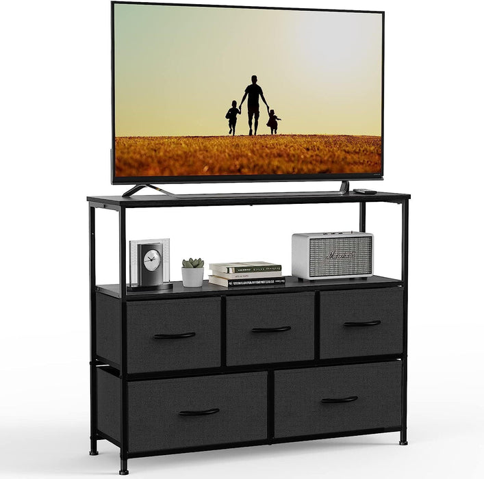 Nextay TV Stand Dresser with 5 Fabric Drawers, Small Media Console with Open Shelf for 45-Inch TV, Storage Organizer for Bedroom, Dorm, or Living Room