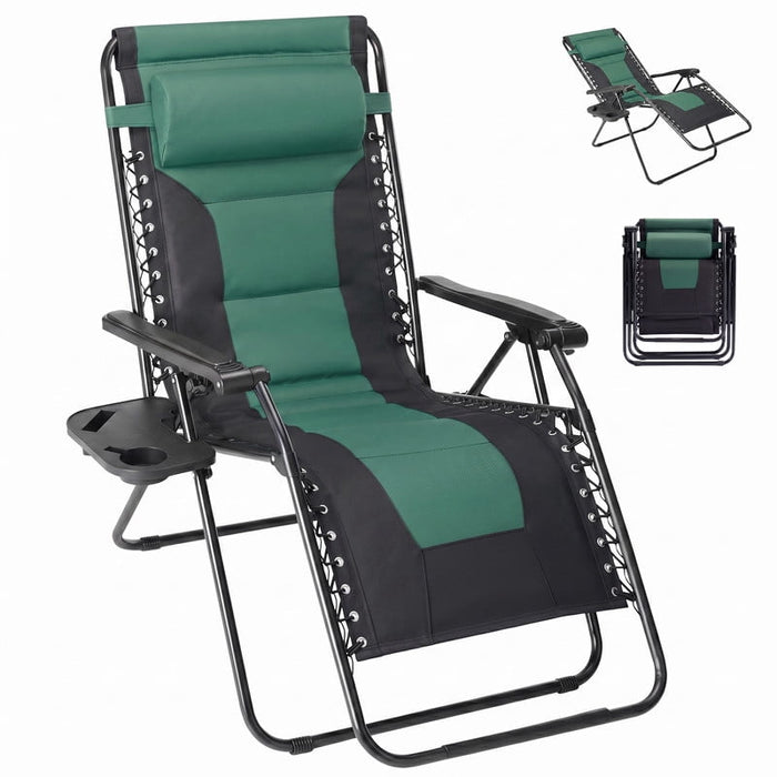 Bigleap Zero Gravity Chair, 400LB Heavy Duty Outdoor Recliner with Headrest & Cup Holder Tray, Folding Patio Lawn Beach Lounge Chair (BlackGreen)
