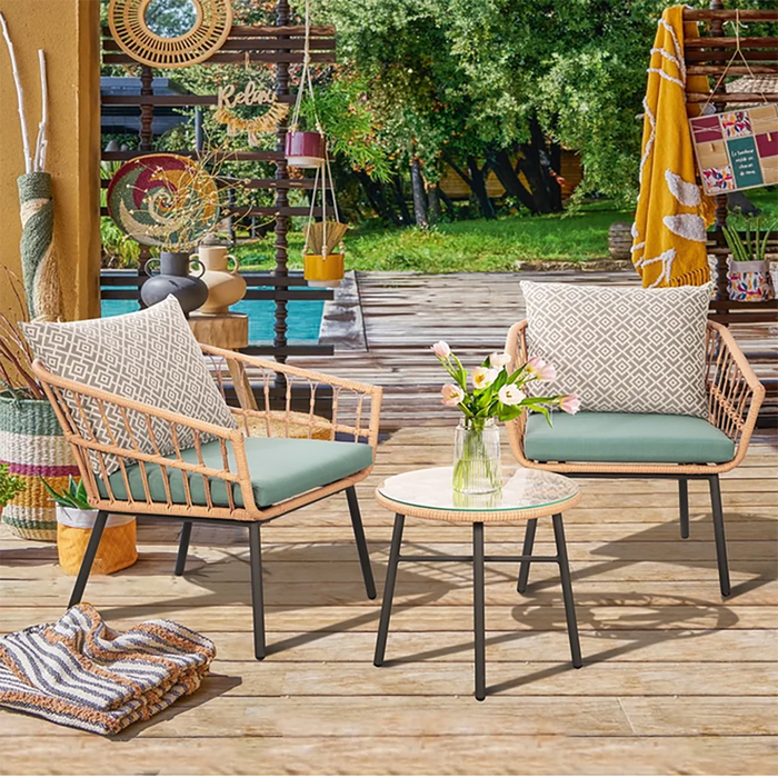 Bigleap 3 Pieces Outdoor Furniture Patio Bistro Set All-Weather Wicker Conversation Set with Tempered Coffee Table, Wicker Chairs, Cushions and 2 Back Pillows for Front Porch Balcony Backyard Deck
