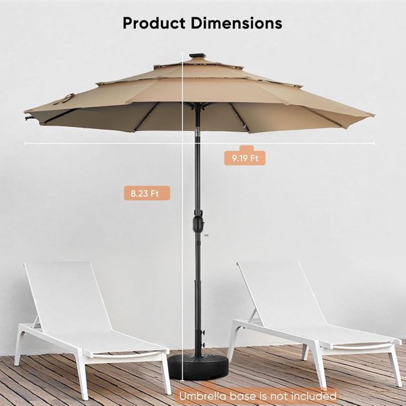 Sybels 9.2FT Solar Patio Umbrella with 32 LED Lights, 3-Tier Tilt, Outdoor Market Umbrella for Backyard, Beach, Garden, Khaki