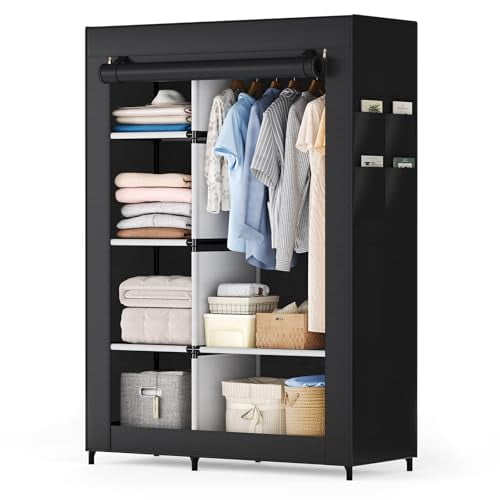 Blorly Portable Closet, Fabric Wardrobe, Clothes Storage Organizer, Wardrobe Closet with Shelves, Bedroom Armoire, Canvas Clothes Rack, Non-woven Fabric Cover, Heavy Duty Garment Rack, Black