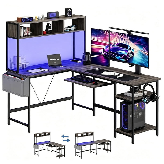 Taoset 67" Convertible L-Shaped Gaming Desk with RGB LED Hutch, Slide Keyboard Tray & Storage Shelves, Reversible 94.5" Straight Multi Monitor Computer Desk with Side Pocket Headset Hooks, Gray