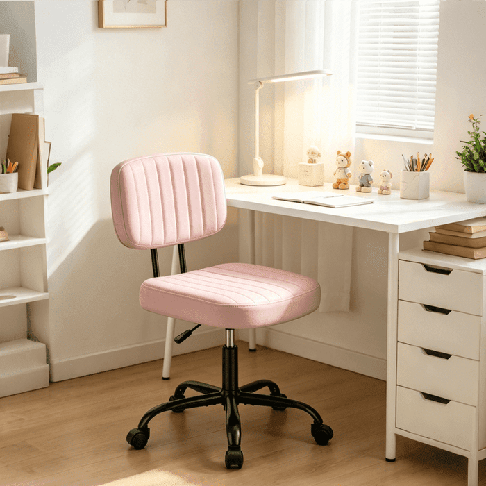 Betcozy Armless Rolling Office Chair, Compact Tufted Vanity Chair with Height Adjustment, Modern PU Leather Task Chair for Small Office, Pink