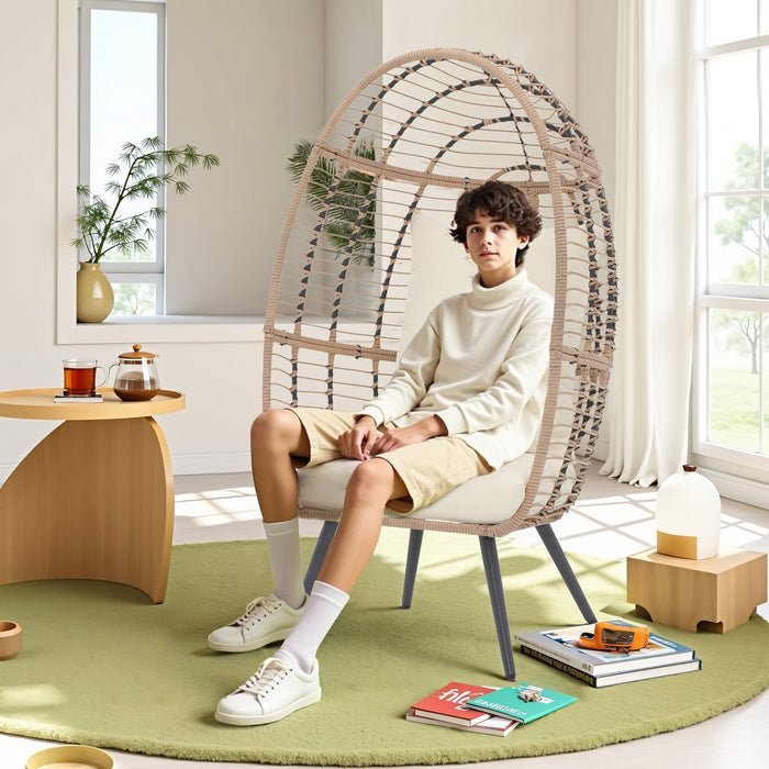 Wicker Egg Chair , Outdoor Patio Chairs with Stand, Wicker Rattan Basket with Cushion for Bedroom, Patio, Porch,Beige