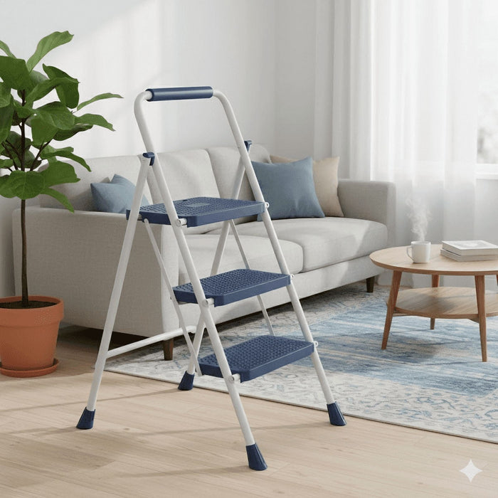 Betcozy 3 Step Ladder, Foldable Lightweight Step Stool, Anti-Slip Pedal, Rubber Handle, Automatic lock, Ladder for Home Kitchen, Living room, Office锛孊lue