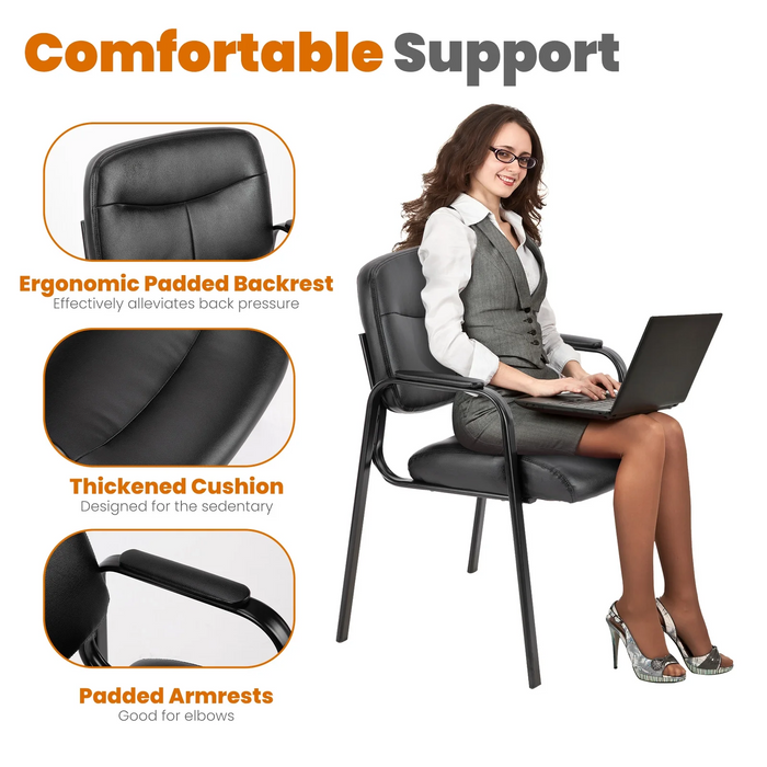 Simenmax 2pcs Office Guest Reception Chair for Waiting Conference Room Lobby with Lumbar Support and Padded Arms,No Wheels,PU Leather, Black