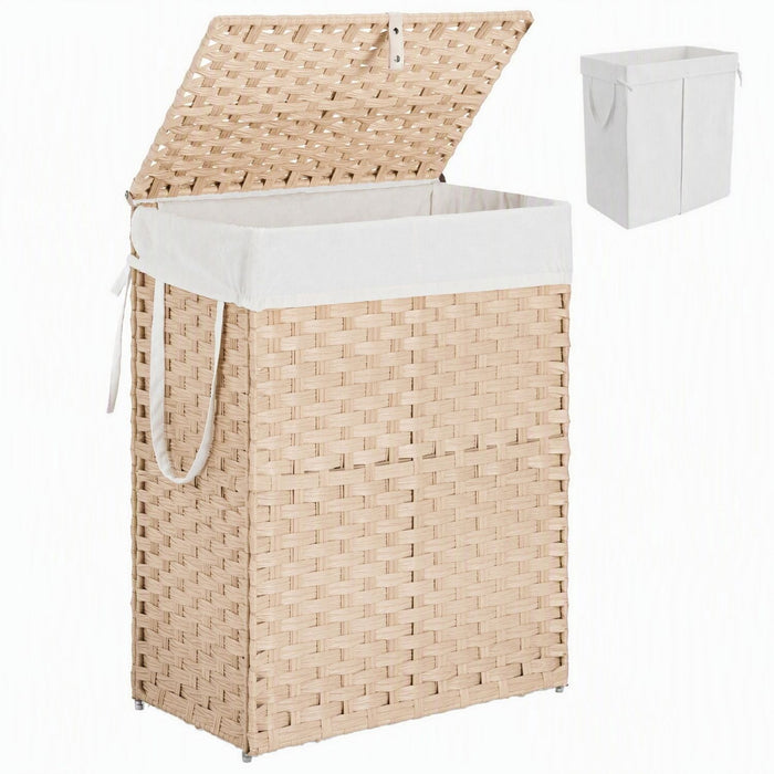 Taoset 90L Laundry Hamper with Lid, Wicker-Style Clothes Basket with Side Handles for Bedroom, Bathroom and Laundry Room, Natural Wood