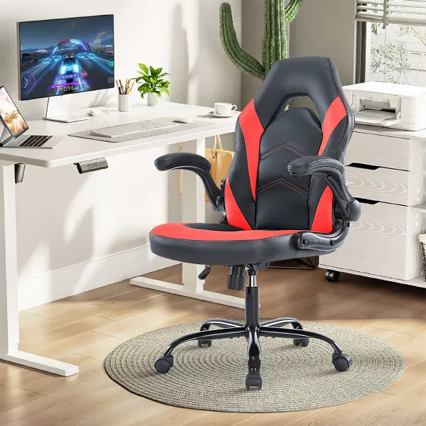 Bigleap Gaming Chair, Ergonomic Office Leather Racing Chair with Flip-up Armrest, Black Red