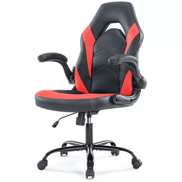 Bigleap Gaming Chair, Ergonomic Office Leather Racing Chair with Flip-up Armrest, Black Red
