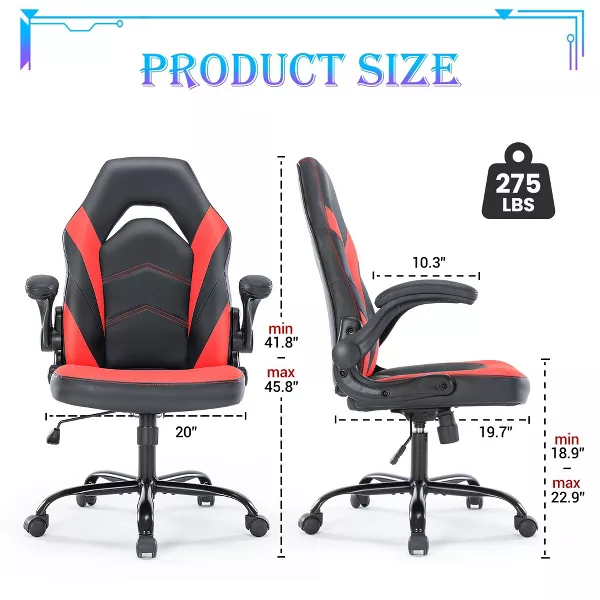 Bigleap Gaming Chair, Ergonomic Office Leather Racing Chair with Flip-up Armrest, Black Red