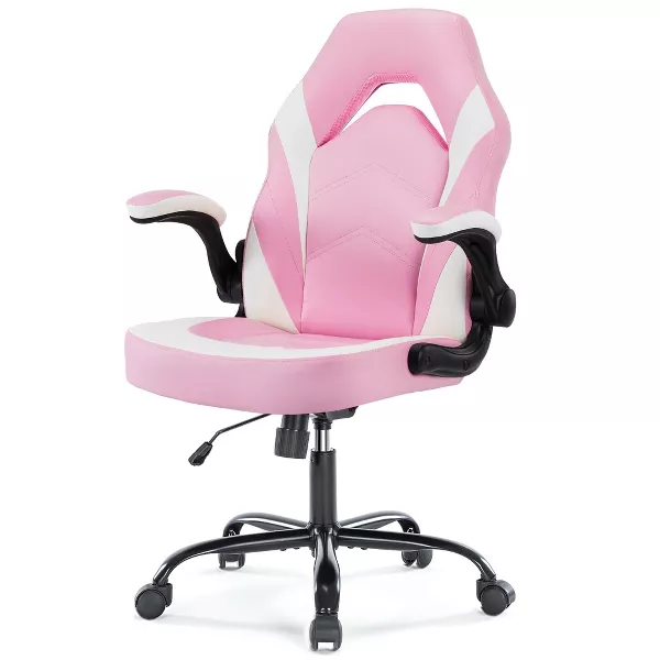 Bigleap Gaming Chair, Ergonomic Office Leather Racing Chair with Flip-up Armrest, White Pink