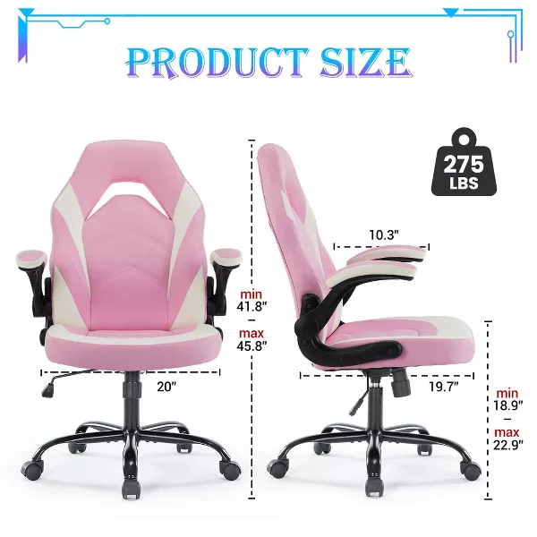 Bigleap Gaming Chair, Ergonomic Office Leather Racing Chair with Flip-up Armrest, White Pink