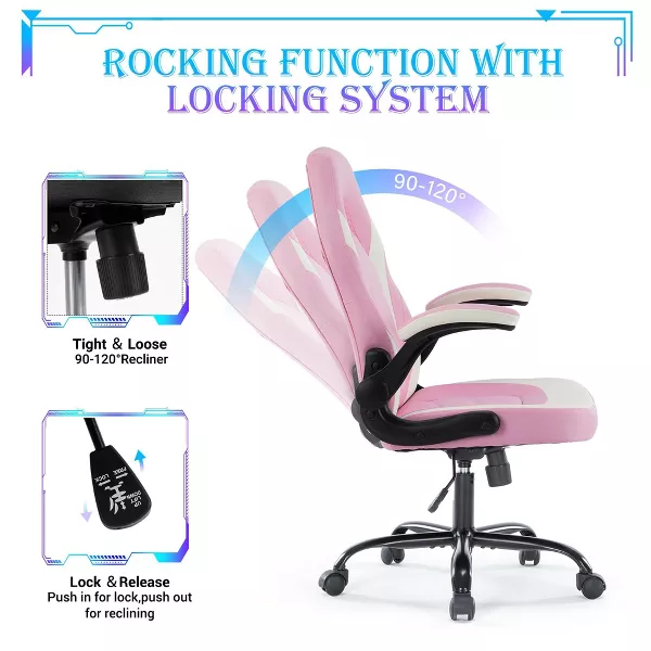 Bigleap Gaming Chair, Ergonomic Office Leather Racing Chair with Flip-up Armrest, White Pink