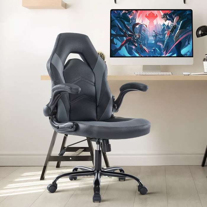 Bigleap Gaming Chair, Ergonomic Office Leather Racing Chair with Flip-up Armrest, Black Gray