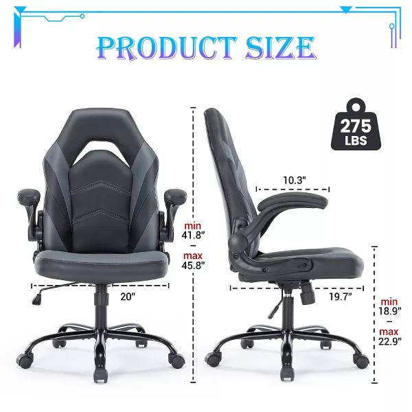 Bigleap Gaming Chair, Ergonomic Office Leather Racing Chair with Flip-up Armrest, Black Gray