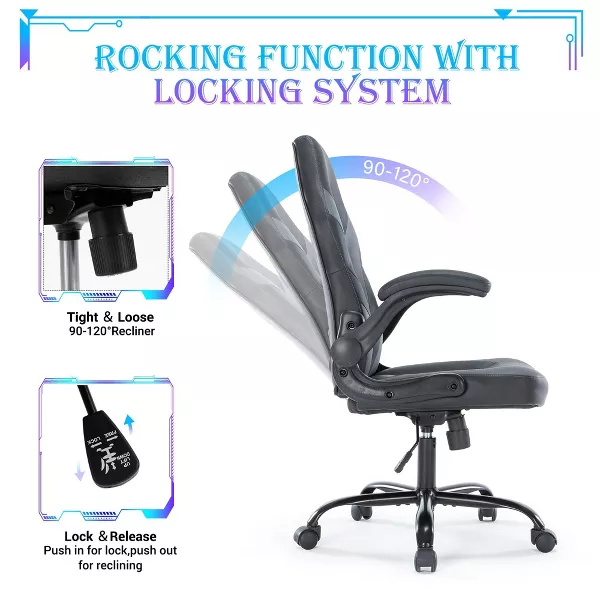 Bigleap Gaming Chair, Ergonomic Office Leather Racing Chair with Flip-up Armrest, Black Gray