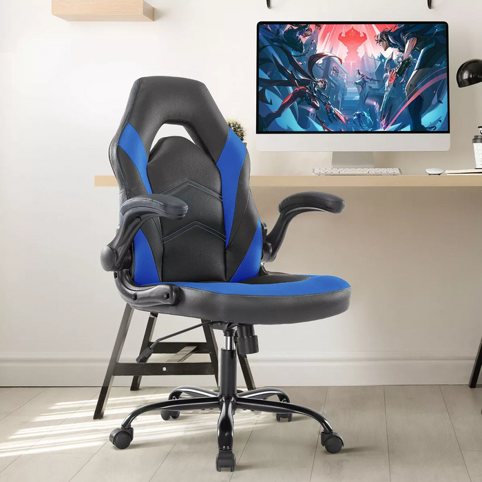 Bigleap Gaming Chair, Ergonomic Office Leather Racing Chair with Flip-up Armrest, Black Blue