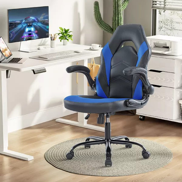 Bigleap Gaming Chair, Ergonomic Office Leather Racing Chair with Flip-up Armrest, Black Blue