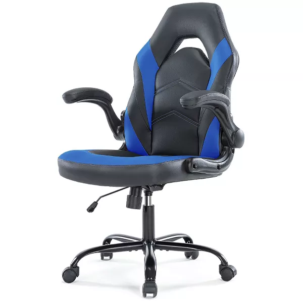Bigleap Gaming Chair, Ergonomic Office Leather Racing Chair with Flip-up Armrest, Black Blue