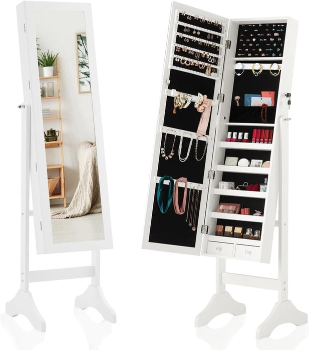 Simenmax Freestanding Jewelry Armoire with Full-Length Mirror, Lockable Storage Cabinet, 60-inch Tall Makeup Organizer with Velvet Lining,White