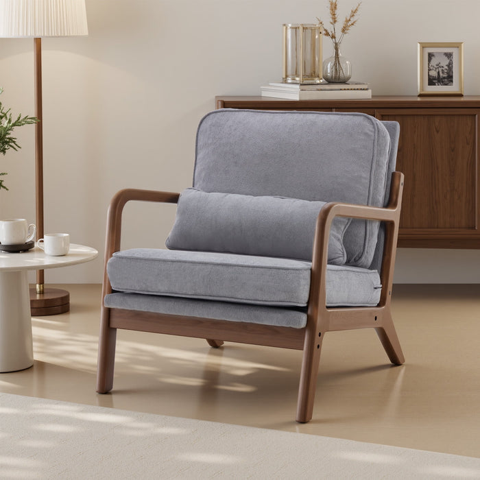 Blorly Mid-Century Modern Accent Chair, Beautiful Aesthetic Armchair with Chic Wooden Frame & Premium Lumbar Pillow, Exceptionally Comfy Textured Linen Reading Lounger for Living Room, Bedroom, Gray
