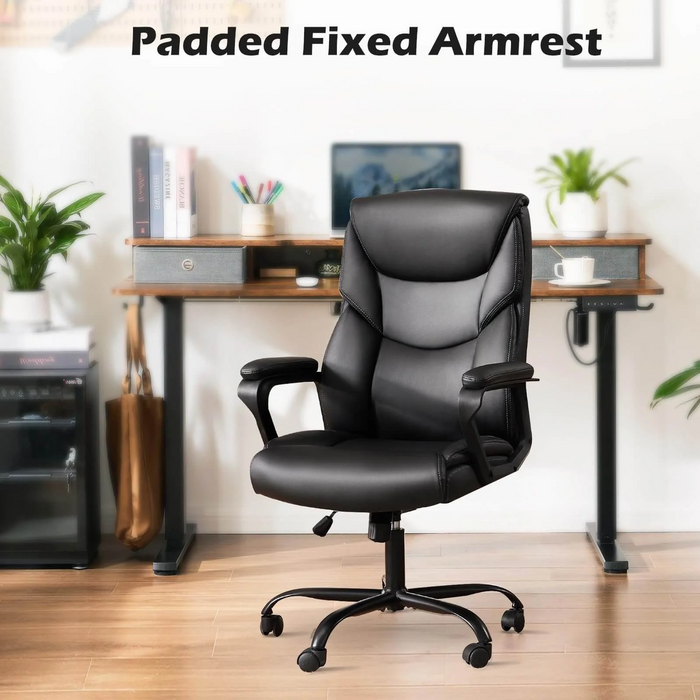 Bigleap Big and Tall Office Chair Desk Chair 275lbs Wide Seat with Non-Adjustable Armrest and Lumbar Support PU Leather High Back Executive Task Ergonomic Computer Chair for Back Pain,Black