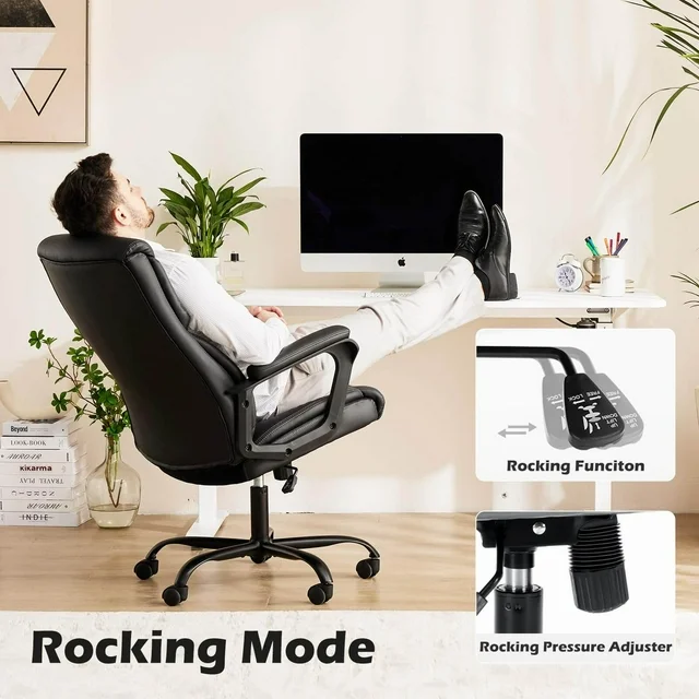 Bigleap Big and Tall Office Chair Desk Chair 275lbs Wide Seat with Non-Adjustable Armrest and Lumbar Support PU Leather High Back Executive Task Ergonomic Computer Chair for Back Pain,Black