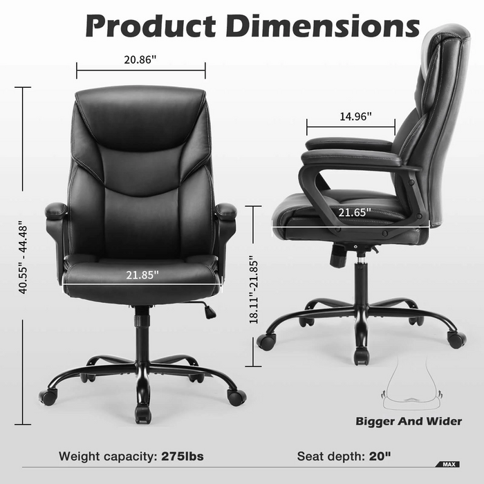 Bigleap Big and Tall Office Chair Desk Chair 275lbs Wide Seat with Non-Adjustable Armrest and Lumbar Support PU Leather High Back Executive Task Ergonomic Computer Chair for Back Pain,Black