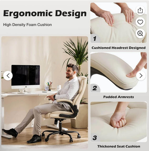 Bigleap Big and Tall Office Chair Desk Chair 300lbs Wide Seat with Adjustable Armrest and Lumbar Support PU Leather High Back Executive Task Ergonomic Computer Chair for Back Pain,White