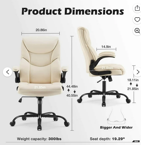 Bigleap Big and Tall Office Chair Desk Chair 300lbs Wide Seat with Adjustable Armrest and Lumbar Support PU Leather High Back Executive Task Ergonomic Computer Chair for Back Pain,White