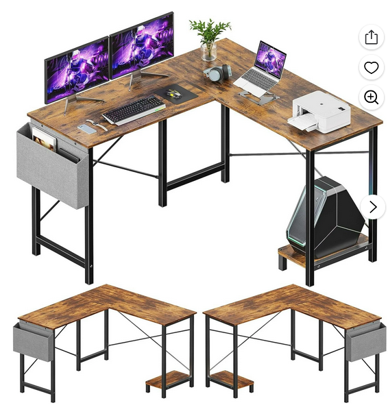 Bigleap L Shaped Computer Desk - Gaming Table Corner Desk 50 Inch PC White Writing Desk Study Desks with Wooden Desktop CPU Stand Side Bag Reversible for Home Office Room Small Space, Brown