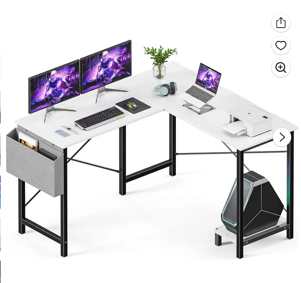 Bigleap L Shaped Computer Desk - Gaming Table Corner Desk 50 Inch PC White Writing Desk Study Desks with Wooden Desktop CPU Stand Side Bag Reversible for Home Office Room Small Space, White