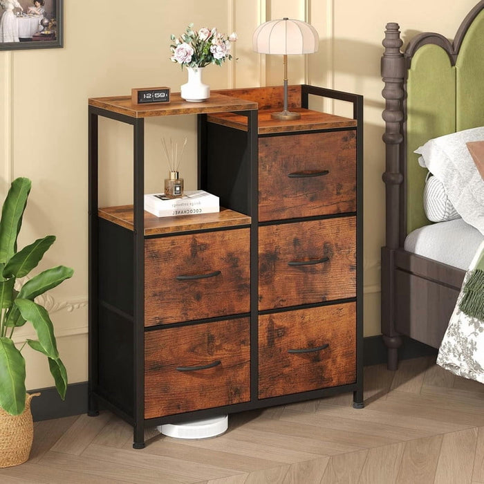Bigleap 5 Drawer Fabric Dresser, 26" Wide Storage Tower with Side Cabinet & Open Shelf, Nightstand & Organizer for Bedroom, Closet, Entryway,Brown