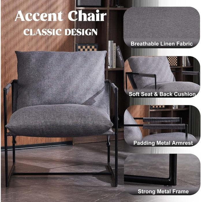 Modern Accent Linen Sling Chair Indoor for Living Room Bedroom and Office Metal Framed Armchair with Soft Bag Cushion Modern Accent Comfy Chair for Lounge Minimalist Style Chair, Dark Grey