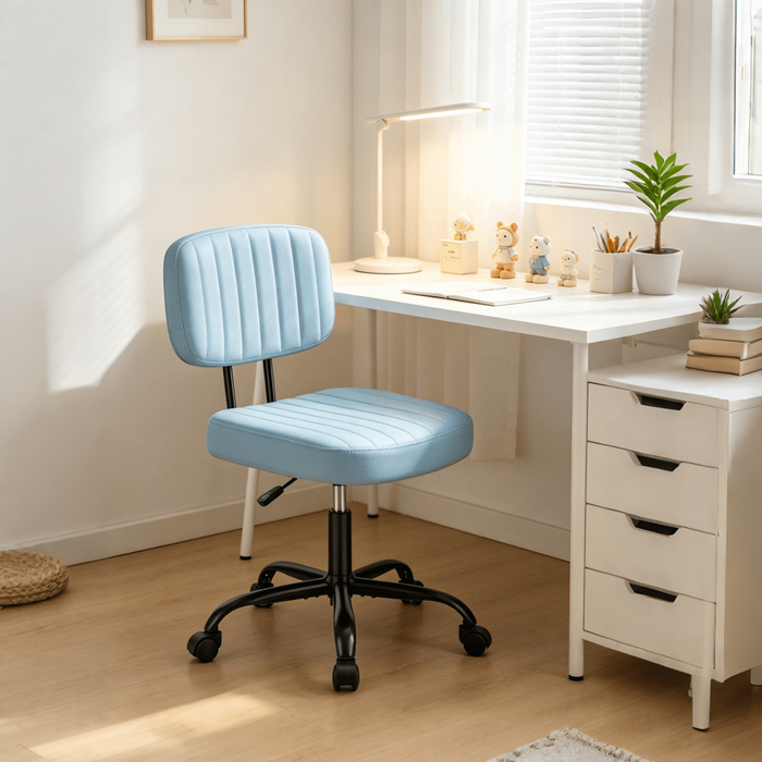 Blorly Armless Vanity Chair for Makeup Room, Small Desk Chair with Tufted PU Leather, Adjustable Height Rolling Computer Chair for Home Office & Dorm, Light Blue