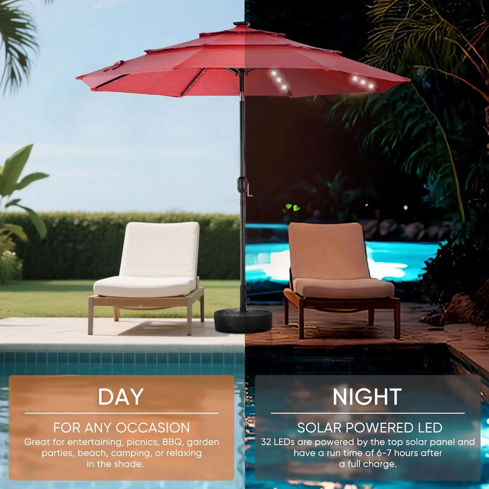 Sybels 9.2FT Solar Patio Umbrella with 32 LED Lights, 3-Tier Tilt, Outdoor Market Umbrella for Backyard, Beach, Garden, Red
