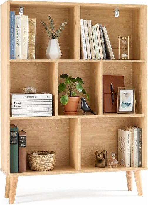 Simenmax 7-Cube Bookshelf, 3-Tier Modern Wood Bookcase with Legs, Open Storage Shelf for Living Room, Bedroom, Office, Wood