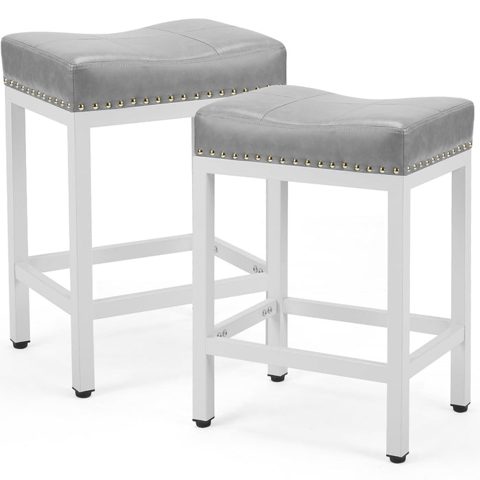 Simenmax PU Leather Bar Stools Set of 2, 24'' Counter Height Stools with Ergonomic Saddle Seat, Modern Metal Frame Kitchen Island Chairs with Footrest, Gray