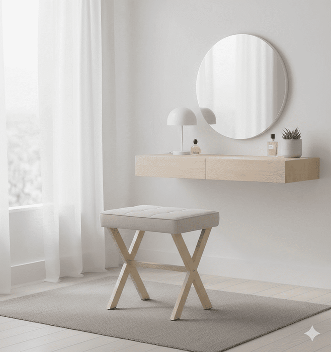 Betcozy 18" Ottoman Vanity Stool, Upholstered Linen Footrest with Metal X-Frame, Small Square Padded Makeup Stool for Bedroom Living Room,Beige