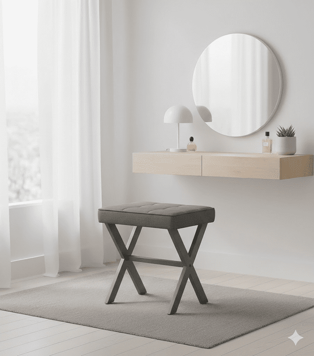 Betcozy 18" Ottoman Vanity Stool, Upholstered Linen Footrest with Metal X-Frame, Small Square Padded Makeup Stool for Bedroom Living Room,Gray