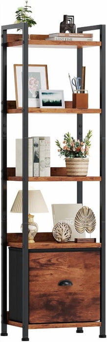 Simenmax 5-Tier Bookshelf, Floor Standing Storage Rack with Fabric Drawer, Space-Saving Bookcase for Bedroom Living Room Home Office,Brown