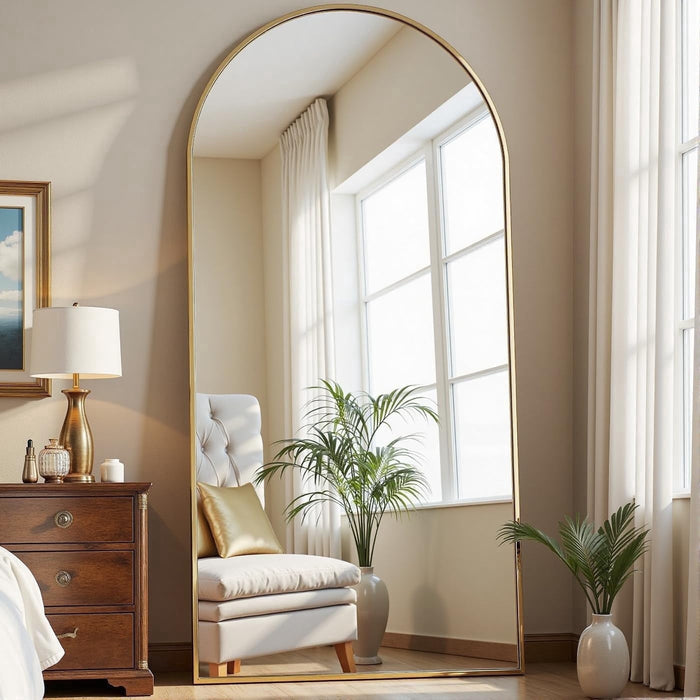 Blorly Arched Full Length Mirror, 65"x24" Large Floor Standing Body Mirror with Stand, Gold
